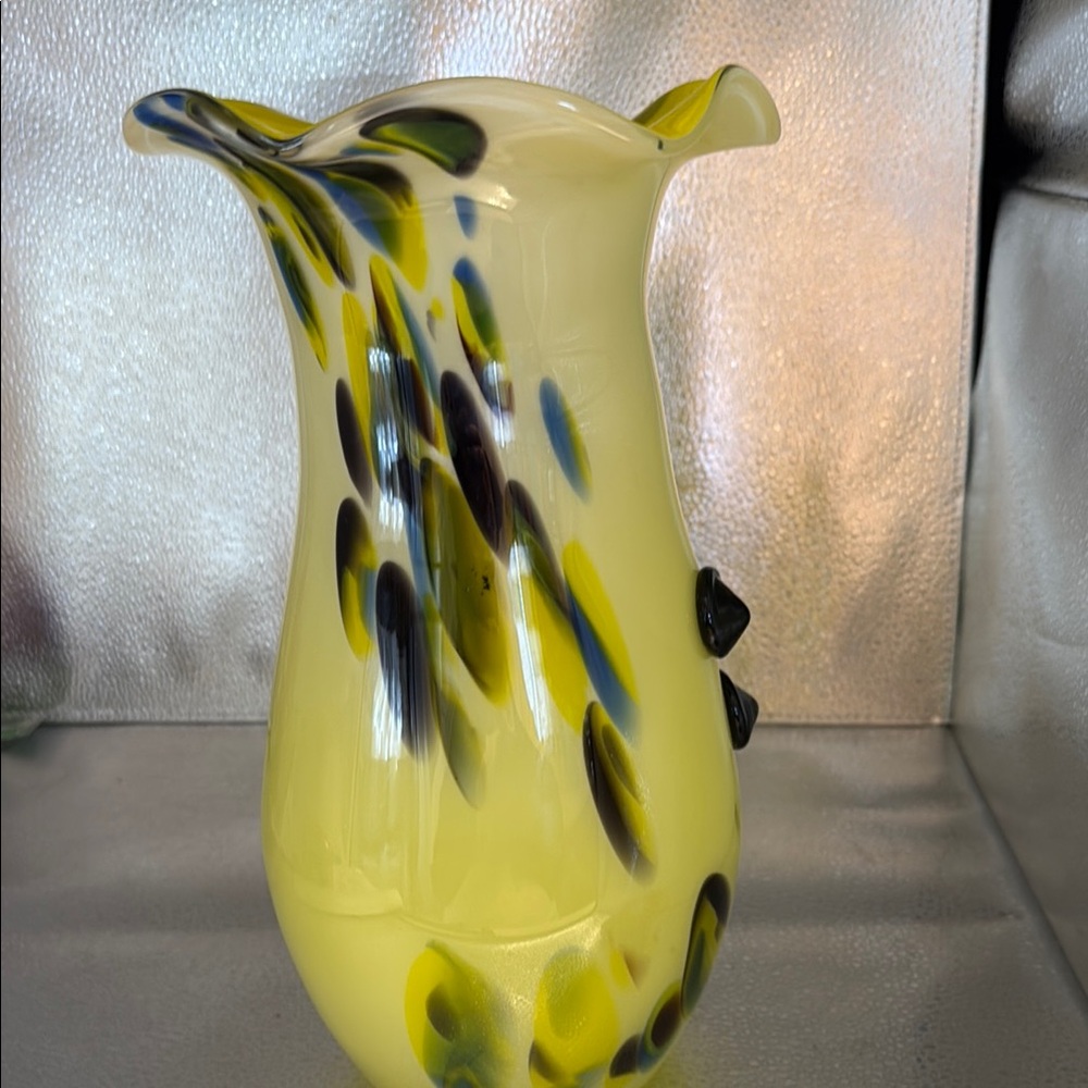 Vintage Yellow Glass Art Vase with Abstract Design in the style of Murano